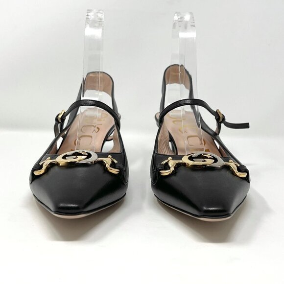 Gucci Zumi Interlocking Logo Black Leather Pointed Toe Low Heels Slingback Pumps - Picture 3 of 9
